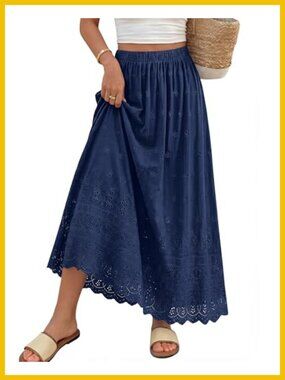 Women Maxi Skirt High Waist Eyelet Cotton A-Line Flowy Long Skirt Spring
